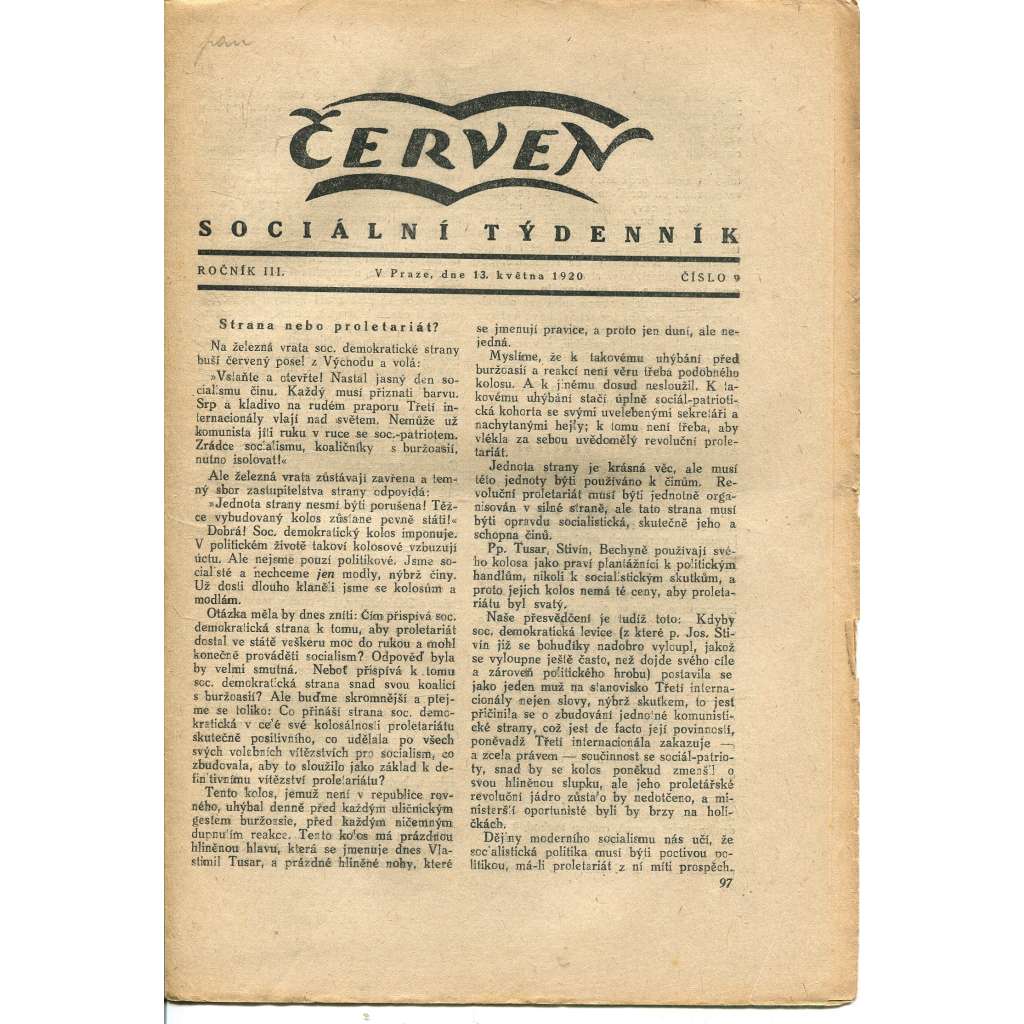 Červen, ročník III., číslo 9/1920. Sociální týdenník (komunistická literatura, 1. republika, noviny)