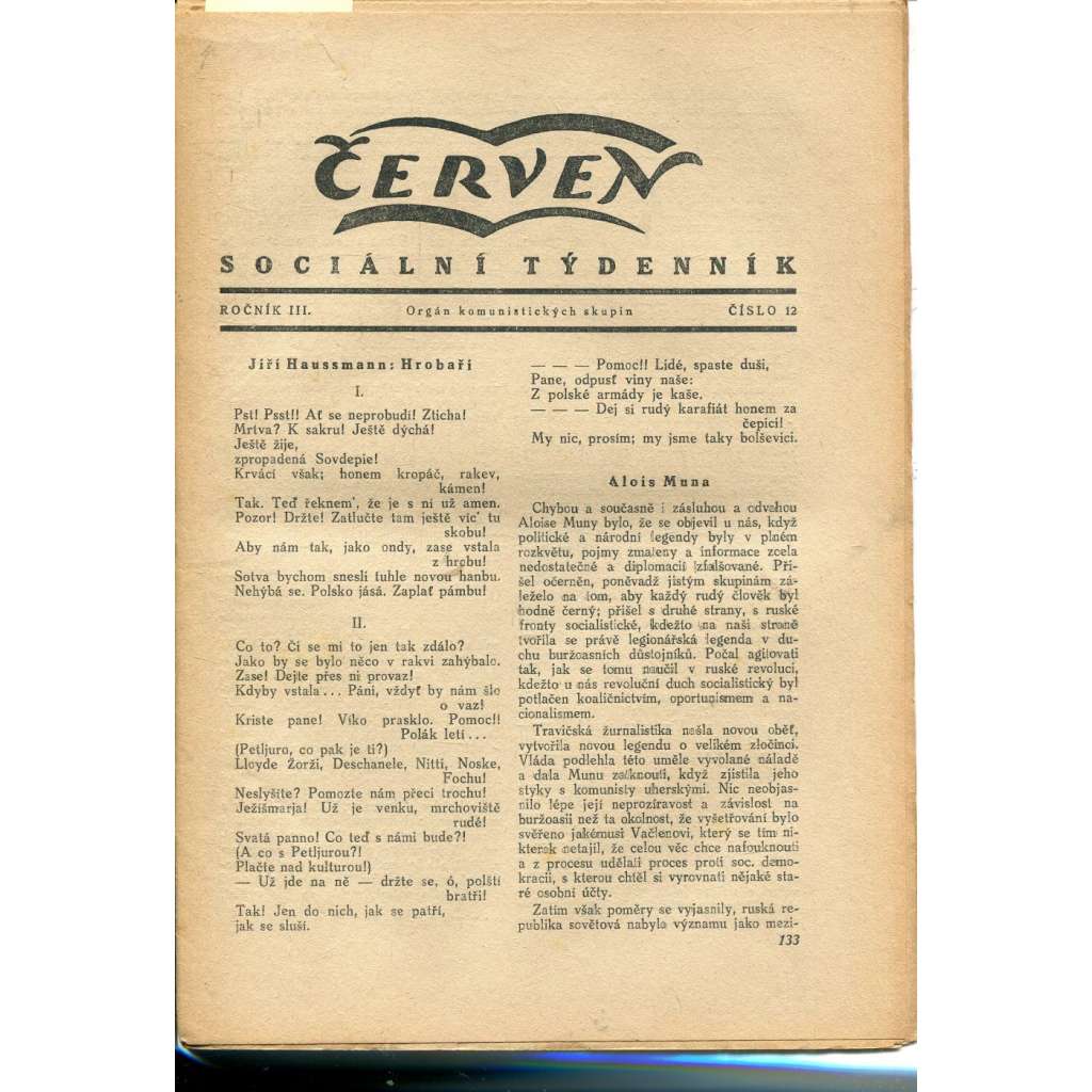 Červen, ročník III., číslo 12/1920. Sociální týdenník (komunistická literatura, 1. republika, noviny)