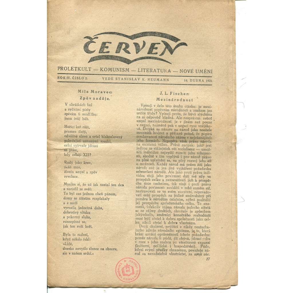 Červen, ročník IV., číslo 2/1921. Proletkult - komunism - literatura - nové umění (komunistická literatura, 1. republika, noviny)