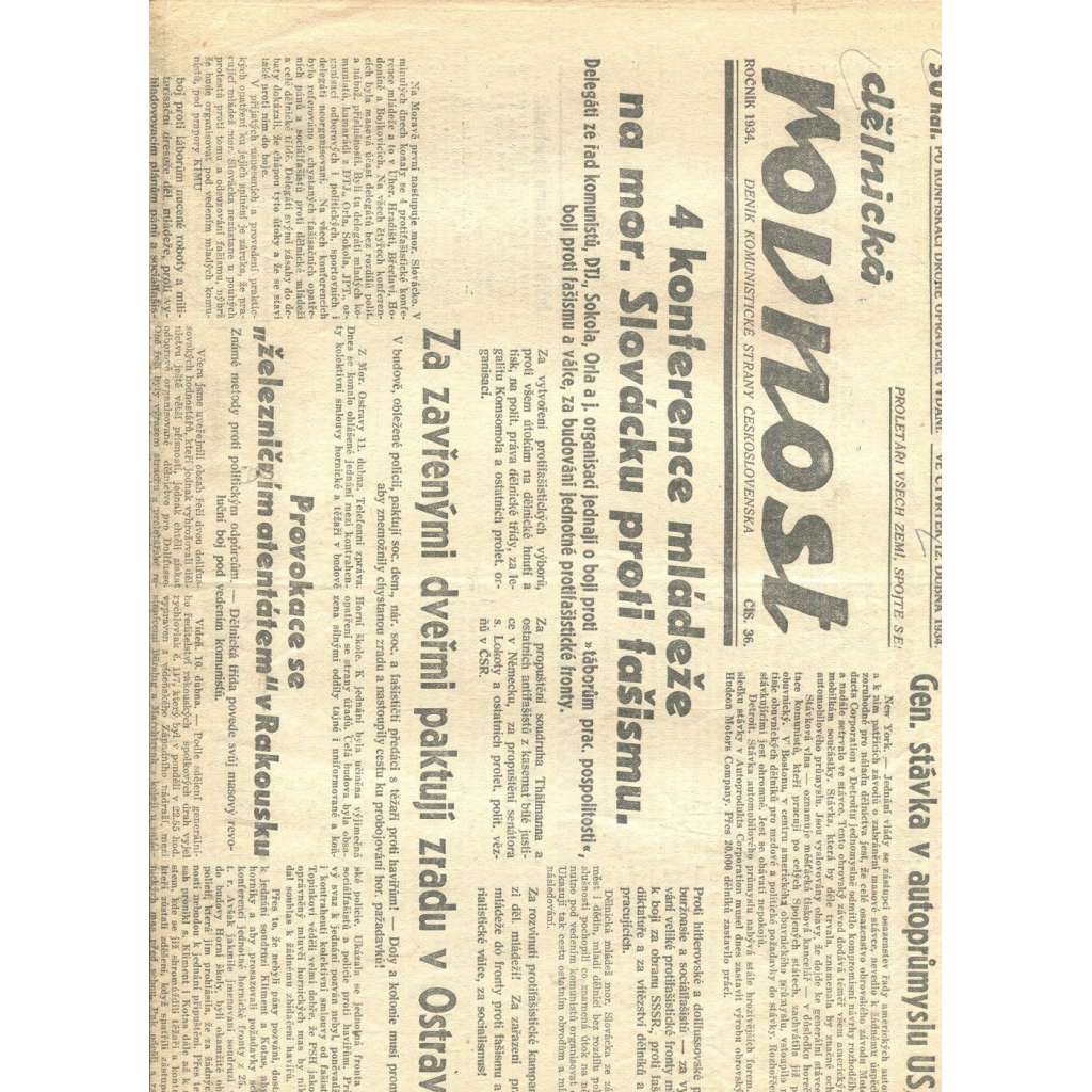 Dělnická rovnost, číslo 36/1934. Deník Komunistické strany Československa (1. republika, staré noviny, komunistická literatura)