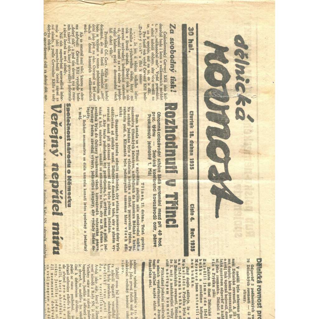 Dělnická rovnost, číslo 4/1935. Deník Komunistické strany Československa (1. republika, staré noviny, komunistická literatura)