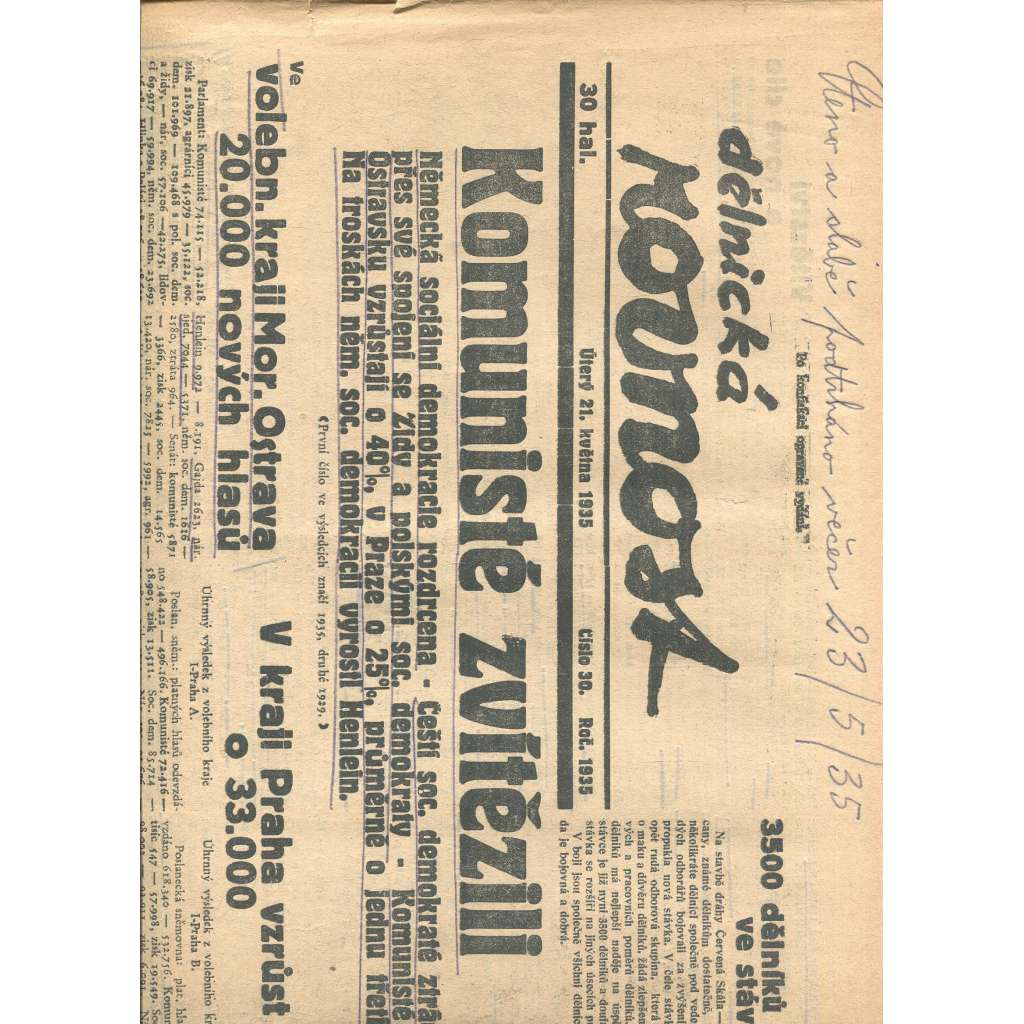 Dělnická rovnost, číslo 30/1935. Deník Komunistické strany Československa (1. republika, staré noviny, komunistická literatura)