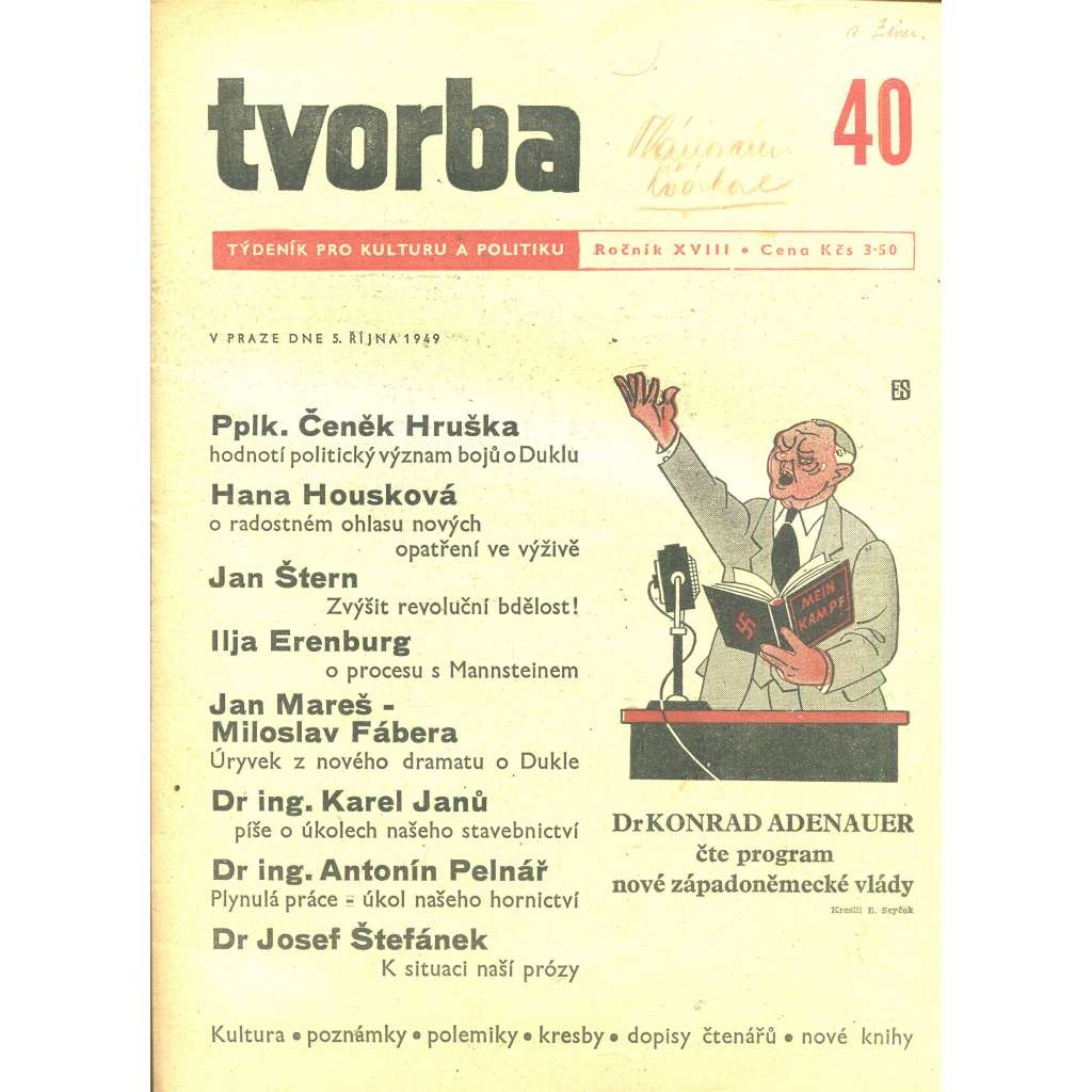 Tvorba – Týdeník pro kulturu a politiku, ročník XVIII., číslo 40/1949 (časopis, noviny)