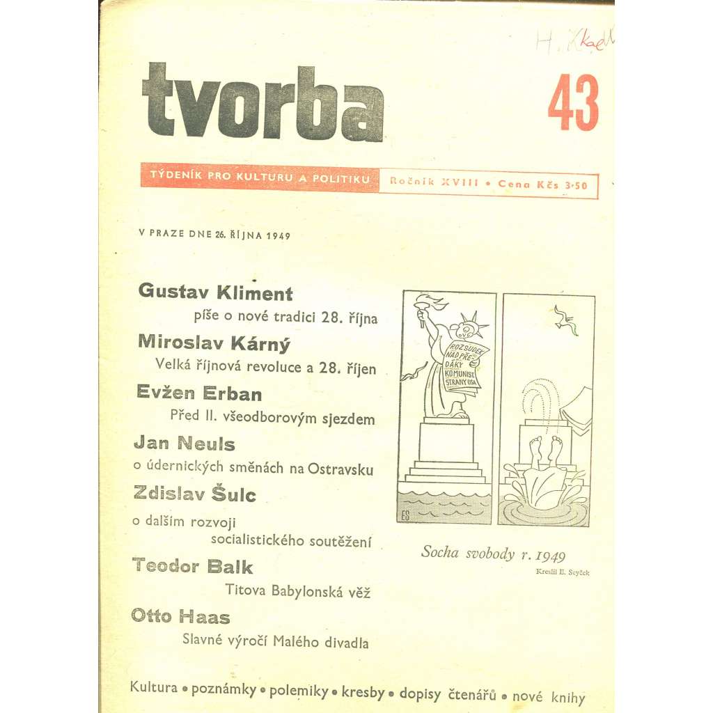 Tvorba – Týdeník pro kulturu a politiku, ročník XVIII., číslo 43/1949 (časopis, noviny)