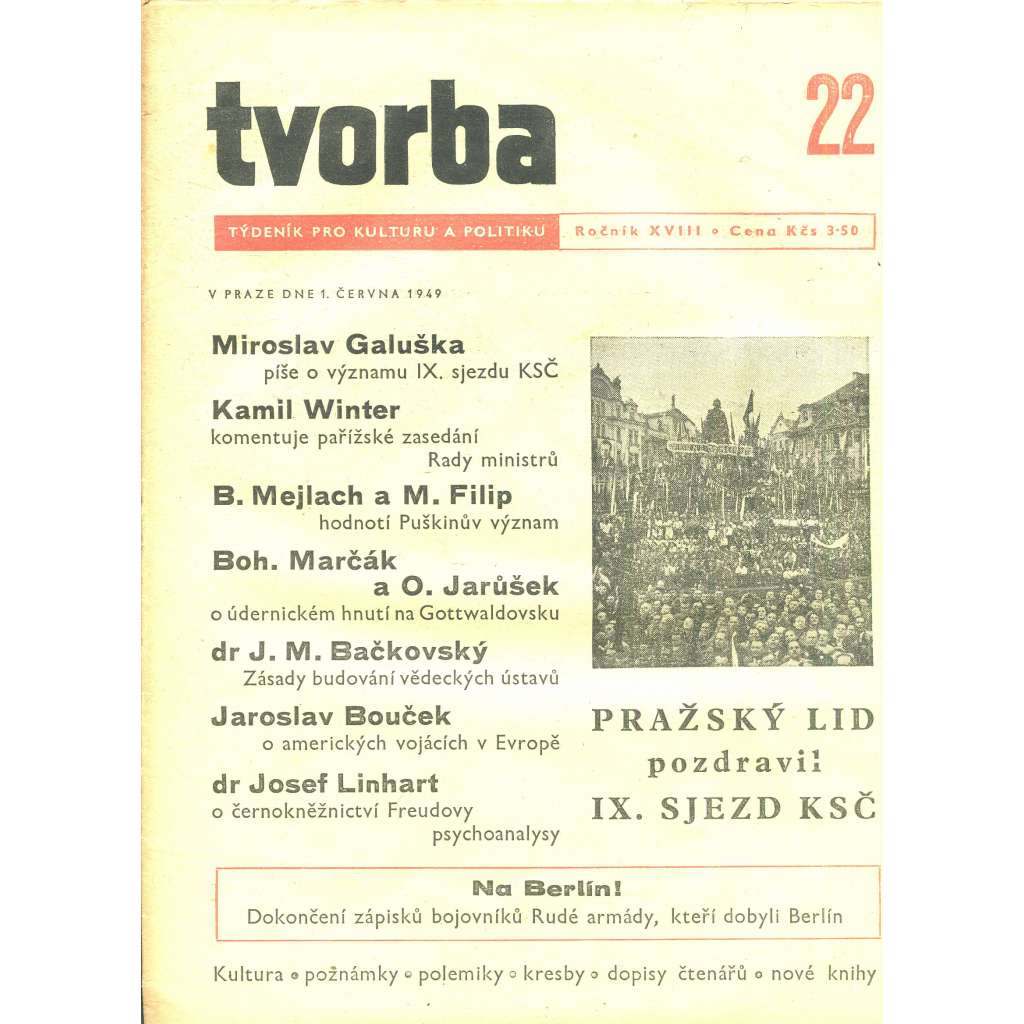 Tvorba – Týdeník pro kulturu a politiku, ročník XVIII., číslo 22/1949 (časopis, noviny)