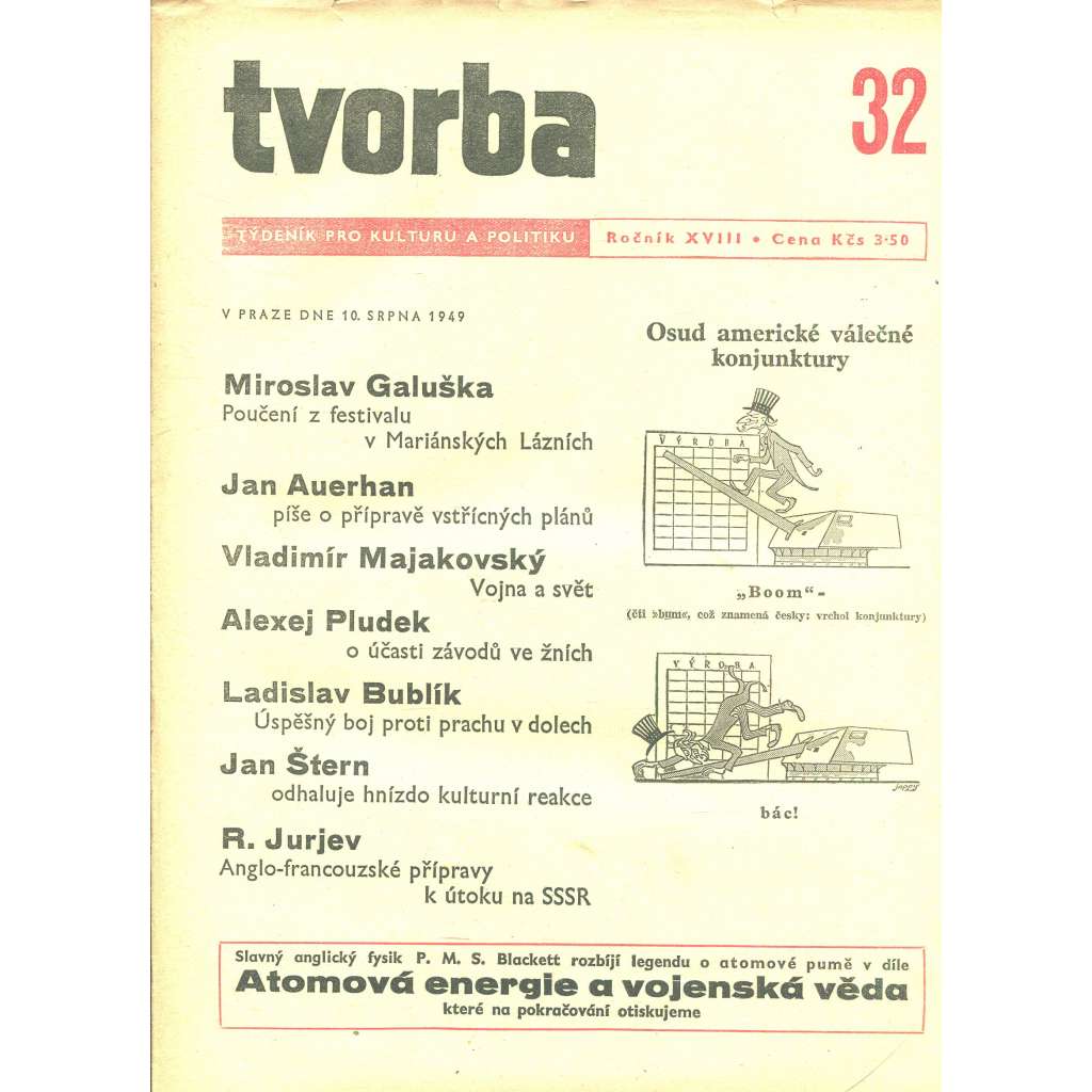 Tvorba – Týdeník pro kulturu a politiku, ročník XVIII., číslo 32/1949 (časopis, noviny)