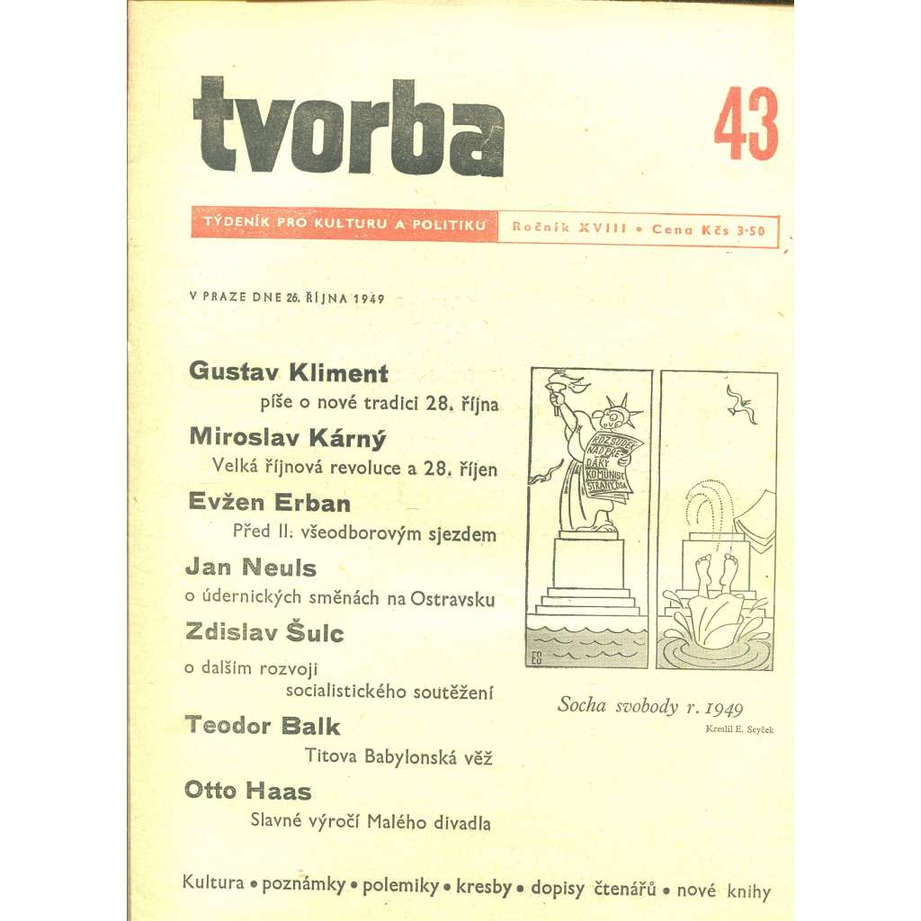 Tvorba – Týdeník pro kulturu a politiku, ročník XVIII., číslo 43/1949 (časopis, noviny)