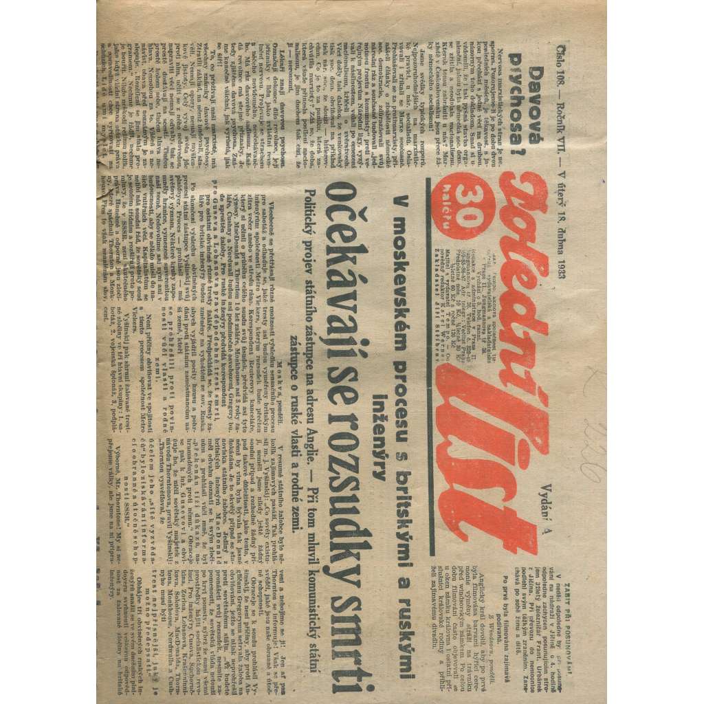 Polední list, ročník VII., číslo 108/1933 (1. republika, noviny)
