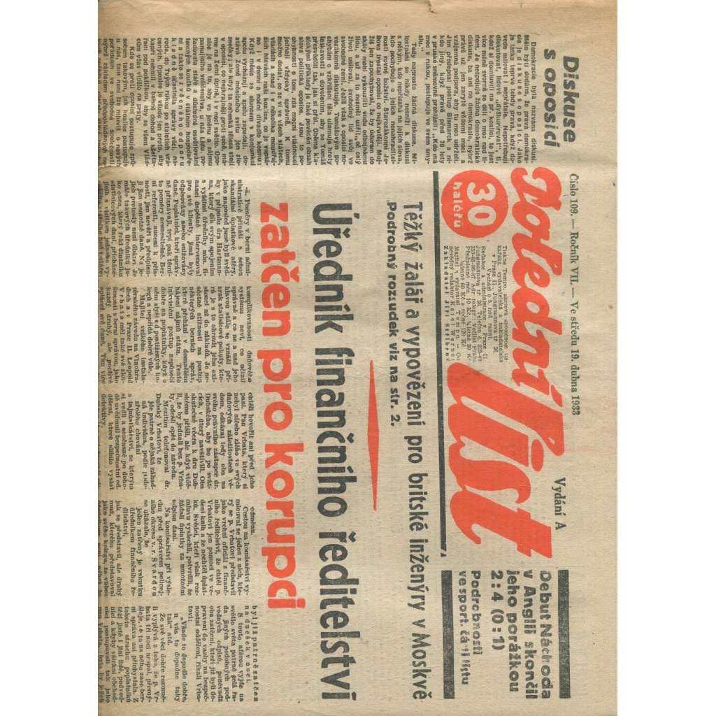 Polední list, ročník VII., číslo 109/1933 (1. republika, noviny)