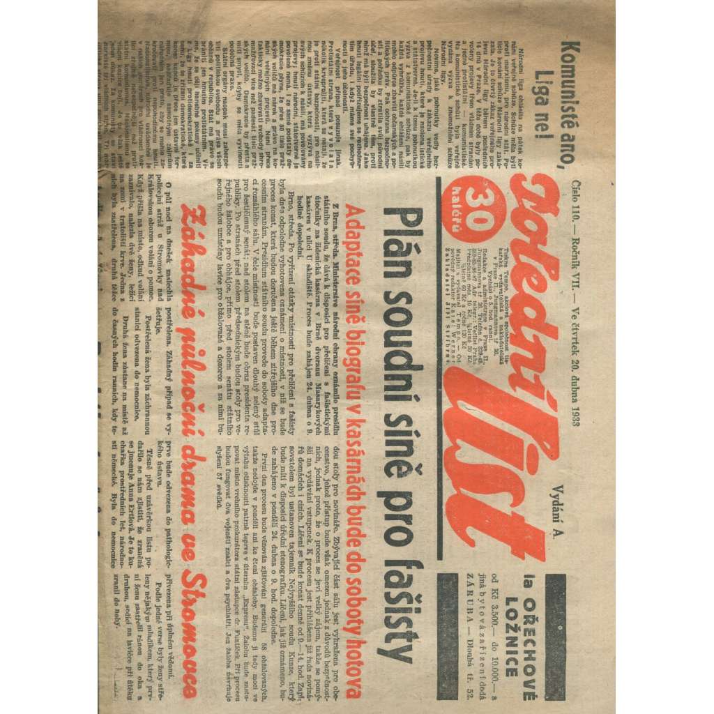 Polední list, ročník VII., číslo 110/1933 (1. republika, noviny)