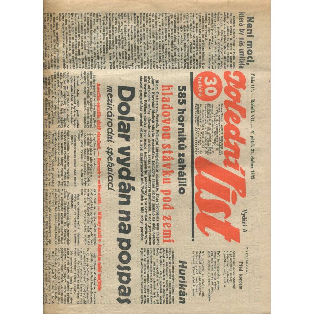 Polední list, ročník VII., číslo 111/1933 (1. republika, noviny)