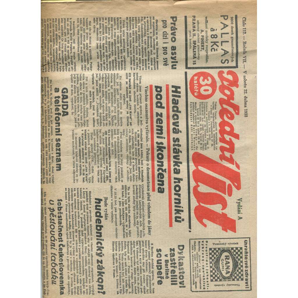 Polední list, ročník VII., číslo 112/1933 (1. republika, noviny)