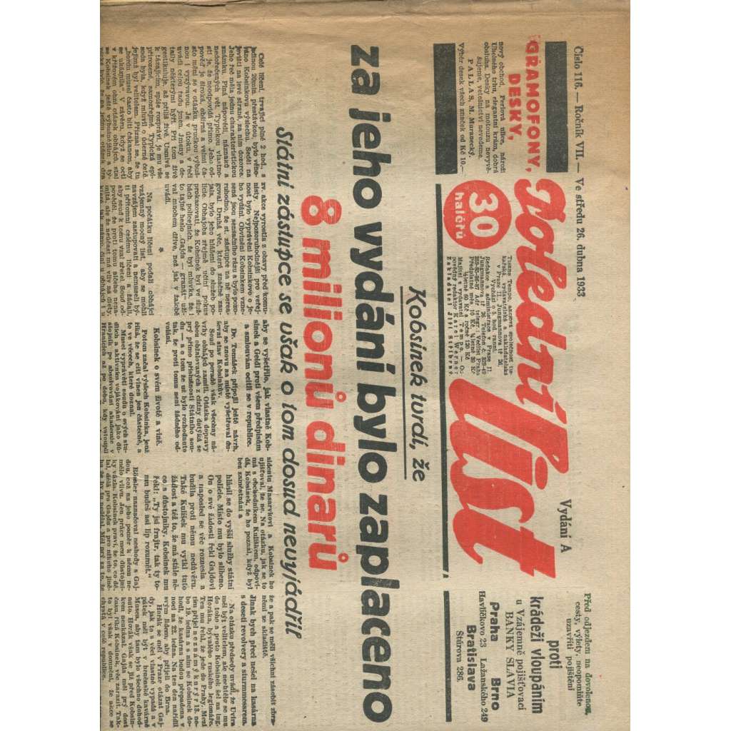 Polední list, ročník VII., číslo 116/1933 (1. republika, noviny)