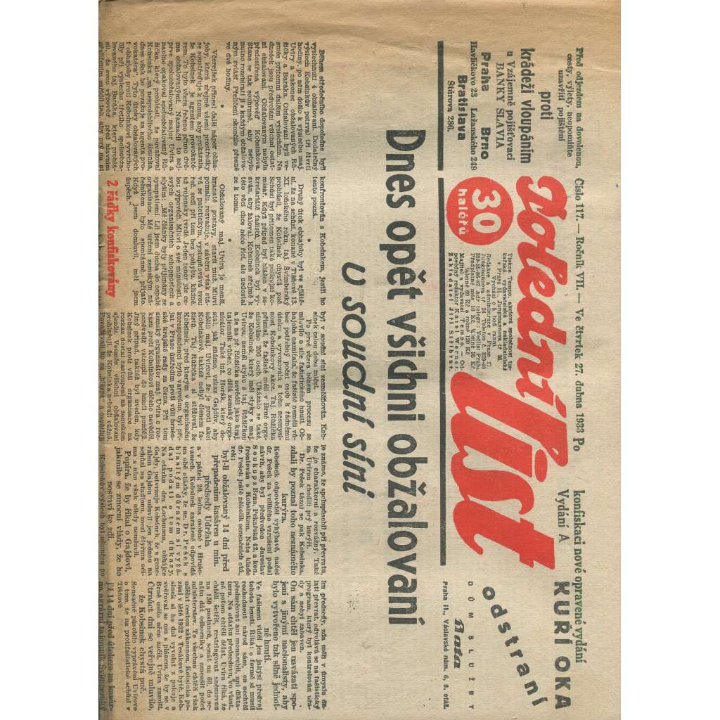 Polední list, ročník VII., číslo 117/1933 (1. republika, noviny)