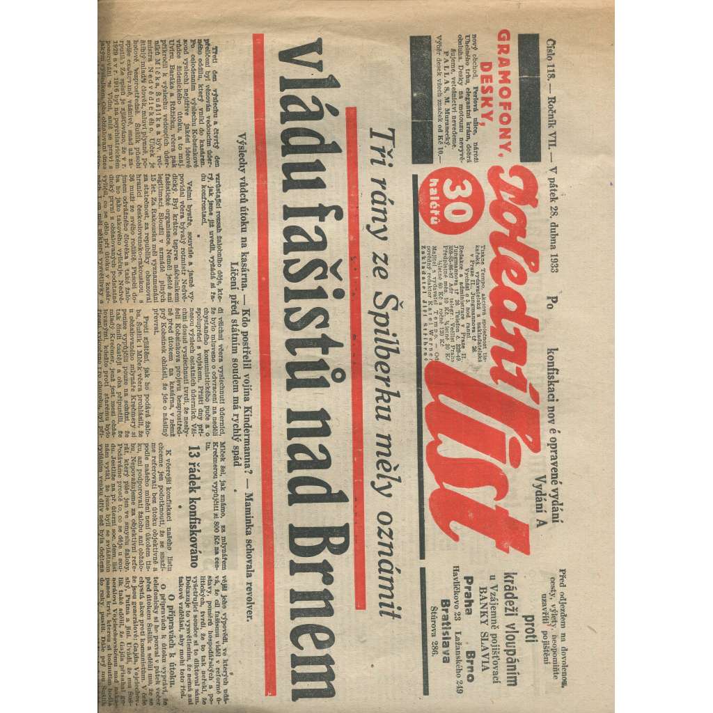 Polední list, ročník VII., číslo 118/1933 (1. republika, noviny)