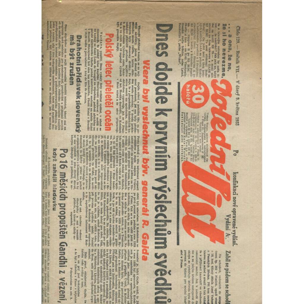Polední list, ročník VII., číslo 129/1933 (1. republika, noviny)