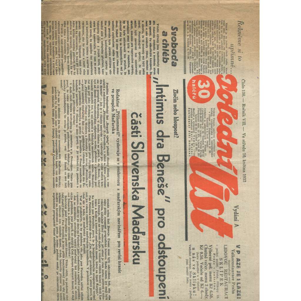 Polední list, ročník VII., číslo 130/1933 (1. republika, noviny)