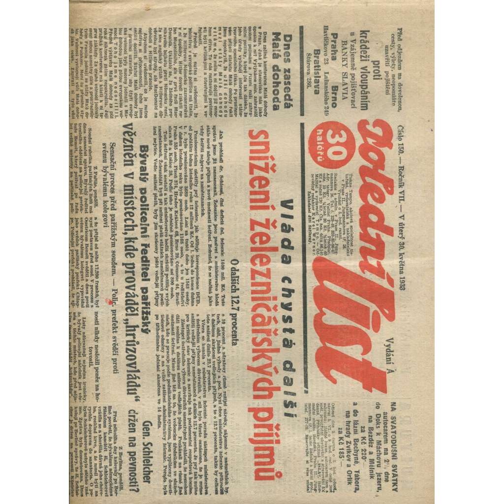 Polední list, ročník VII., číslo 150/1933 (1. republika, noviny)