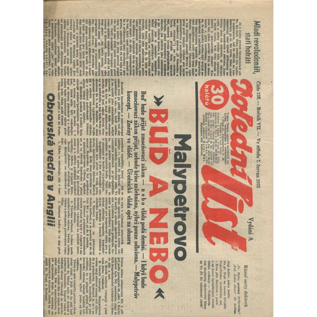 Polední list, ročník VII., číslo 158/1933 (1. republika, noviny)