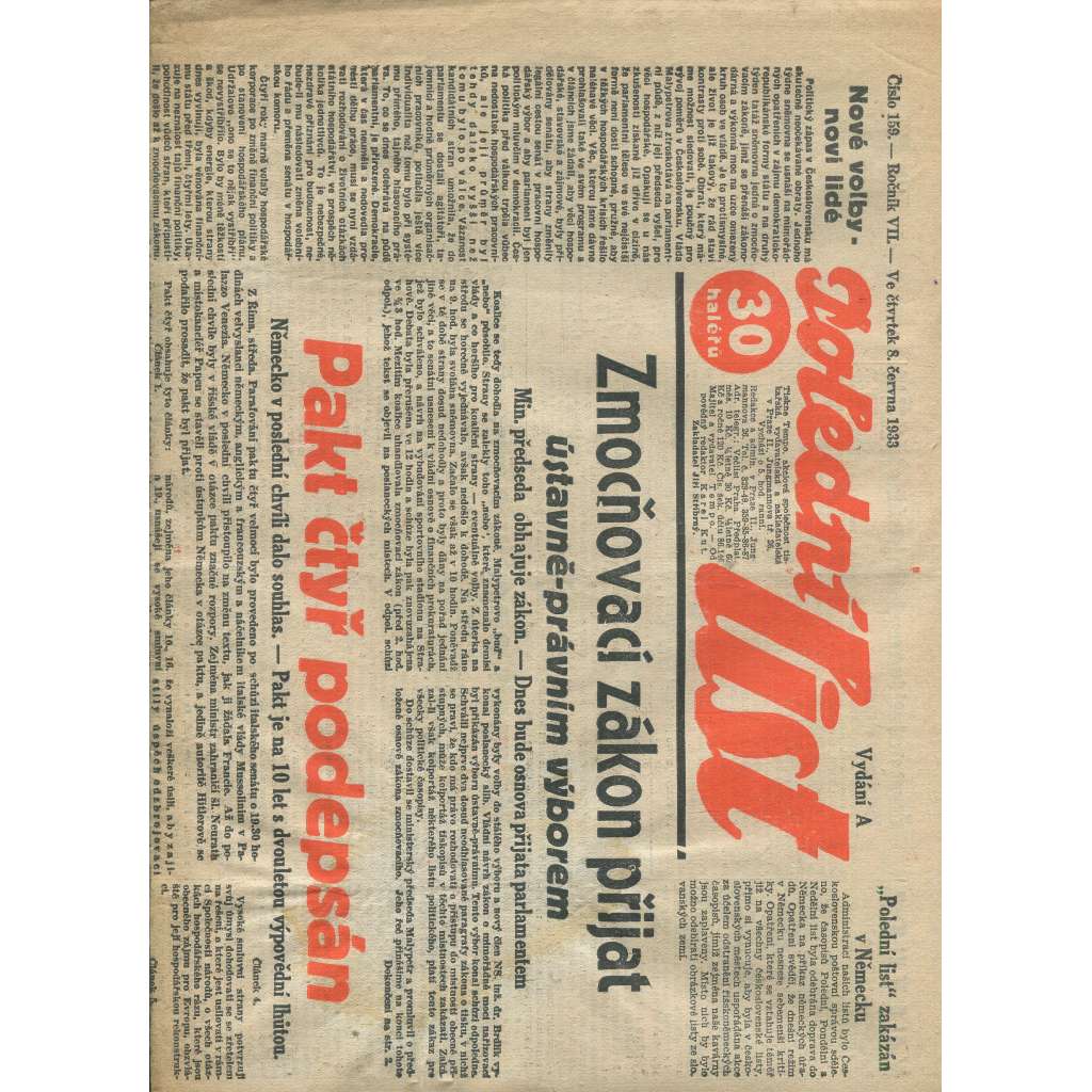 Polední list, ročník VII., číslo 159/1933 (1. republika, noviny)