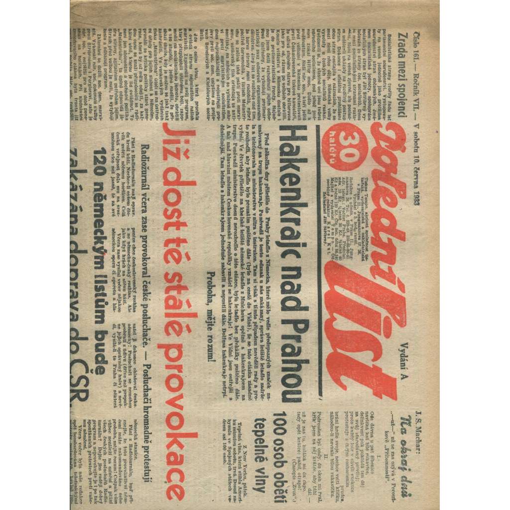 Polední list, ročník VII., číslo 161/1933 (1. republika, noviny)
