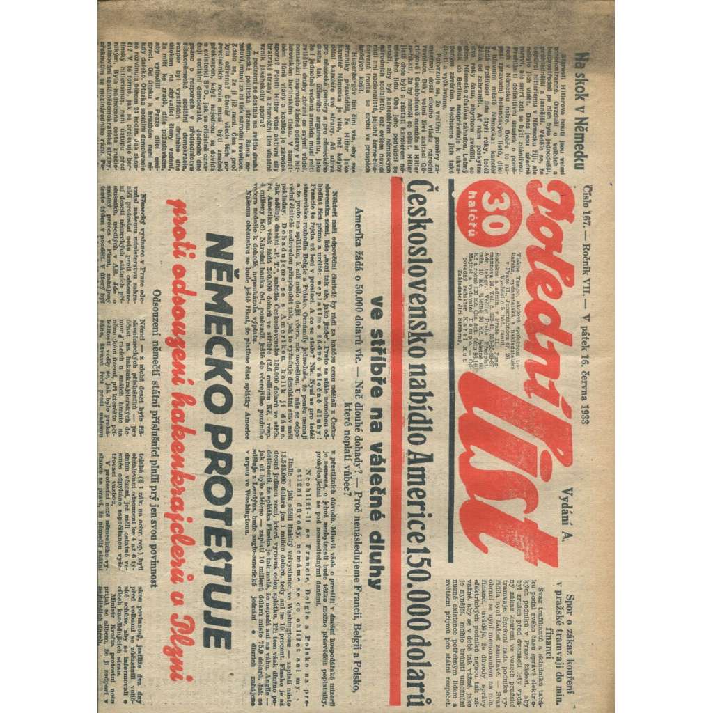 Polední list, ročník VII., číslo 167/1933 (1. republika, noviny)