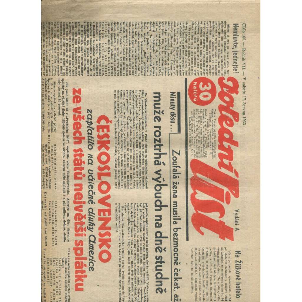 Polední list, ročník VII., číslo 168/1933 (1. republika, noviny)