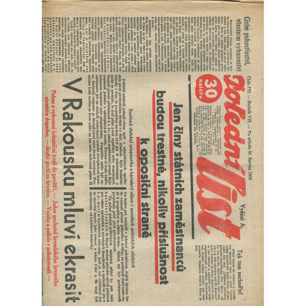 Polední list, ročník VII., číslo 172/1933 (1. republika, noviny)