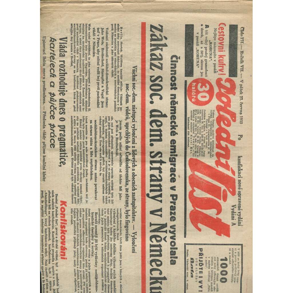 Polední list, ročník VII., číslo 174/1933 (1. republika, noviny)