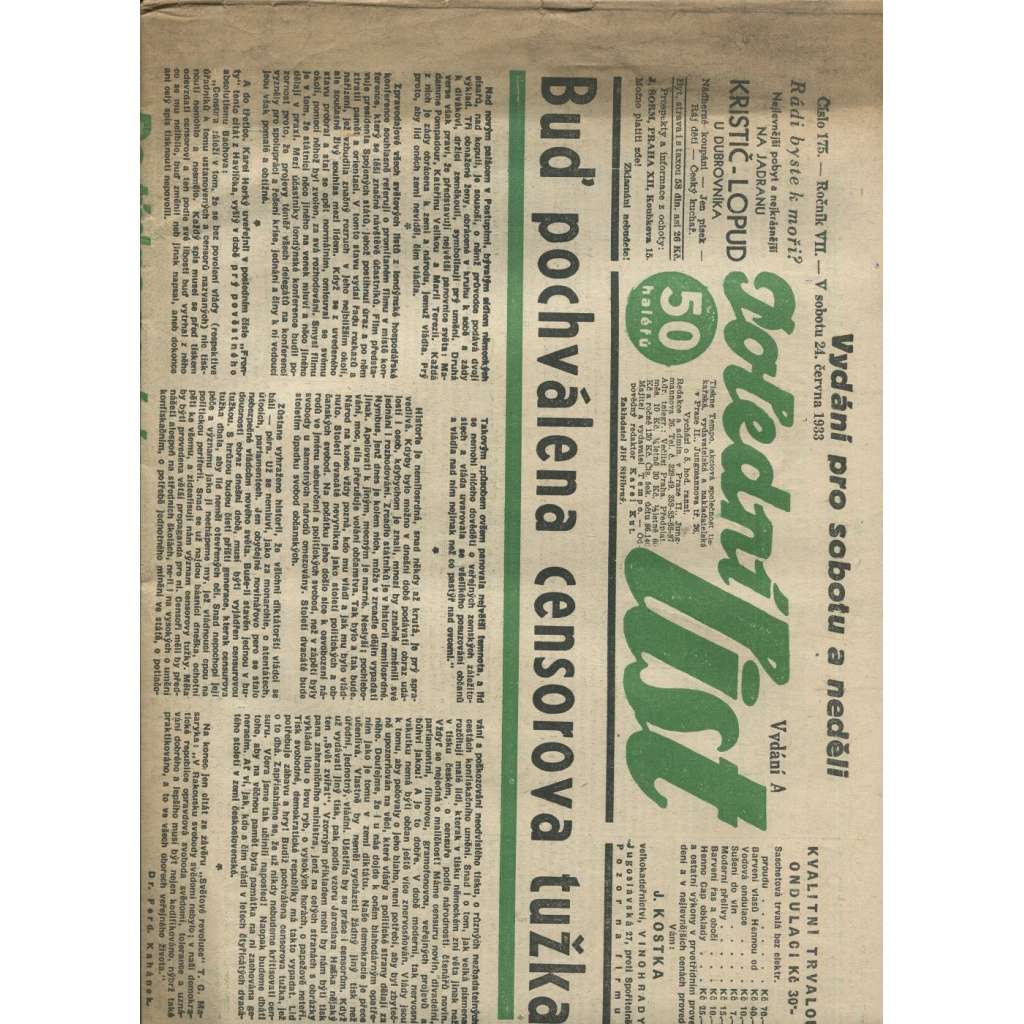 Polední list, ročník VII., číslo 175/1933 (1. republika, noviny)