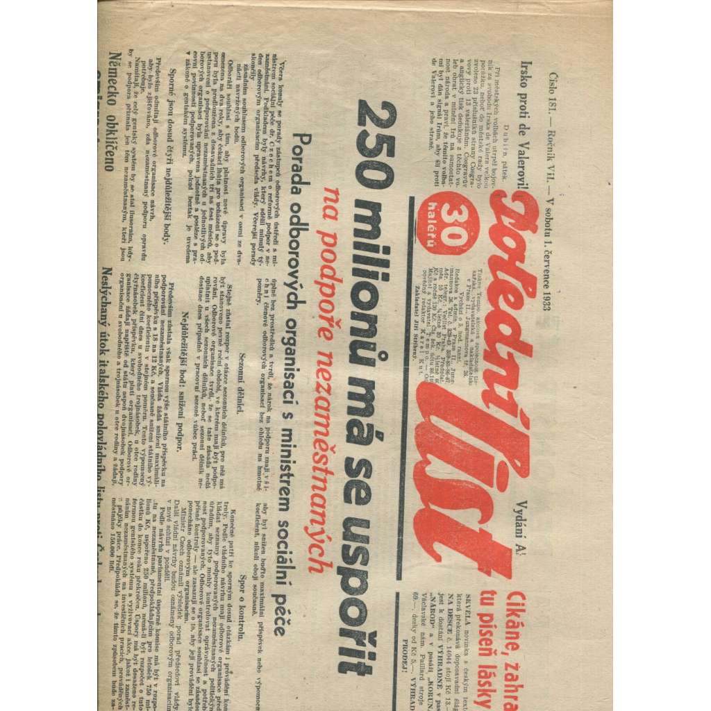 Polední list, ročník VII., číslo 181/1933 (1. republika, noviny)