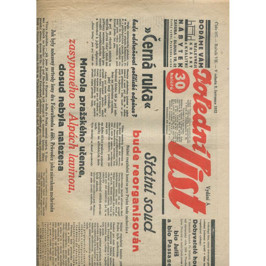 Polední list, ročník VII., číslo 187/1933 (1. republika, noviny)