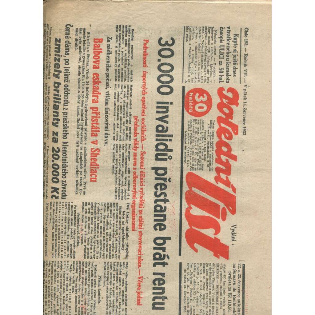 Polední list, ročník VII., číslo 193/1933 (1. republika, noviny)