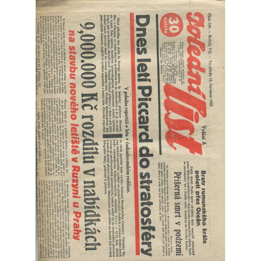 Polední list, ročník VII., číslo 198/1933 (1. republika, noviny)