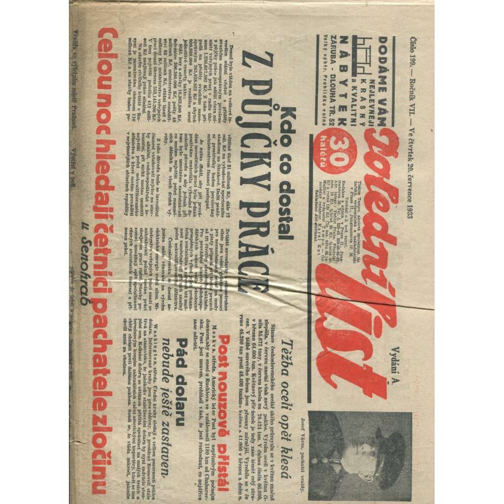 Polední list, ročník VII., číslo 199/1933 (1. republika, noviny)