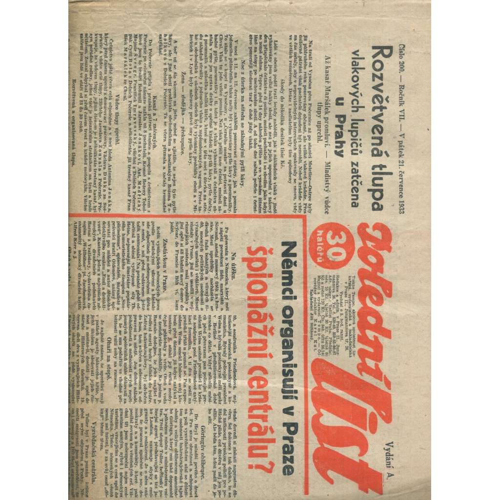 Polední list, ročník VII., číslo 200/1933 (1. republika, noviny)