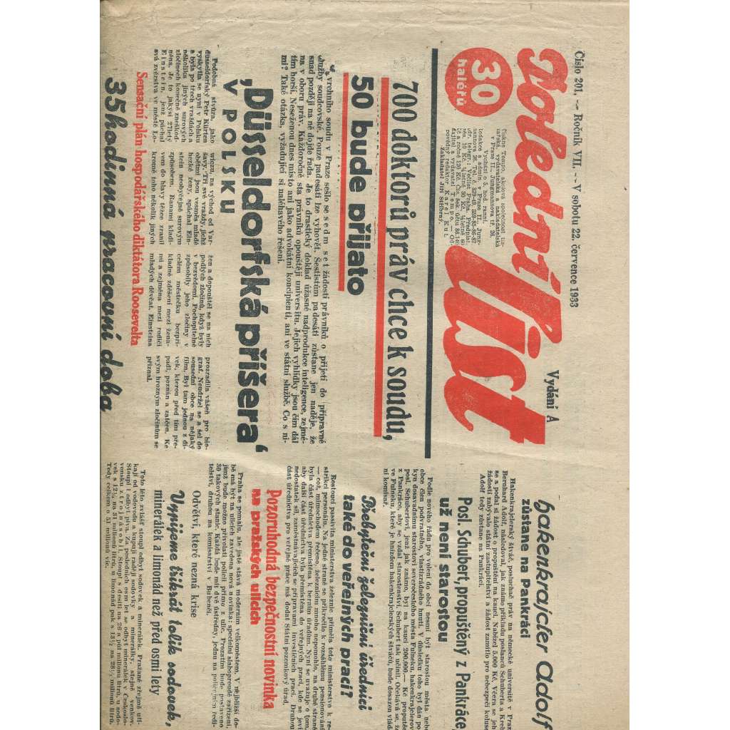 Polední list, ročník VII., číslo 201/1933 (1. republika, noviny)