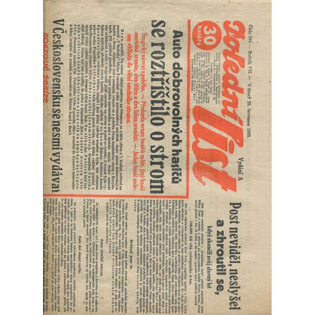 Polední list, ročník VII., číslo 204/1933 (1. republika, noviny)