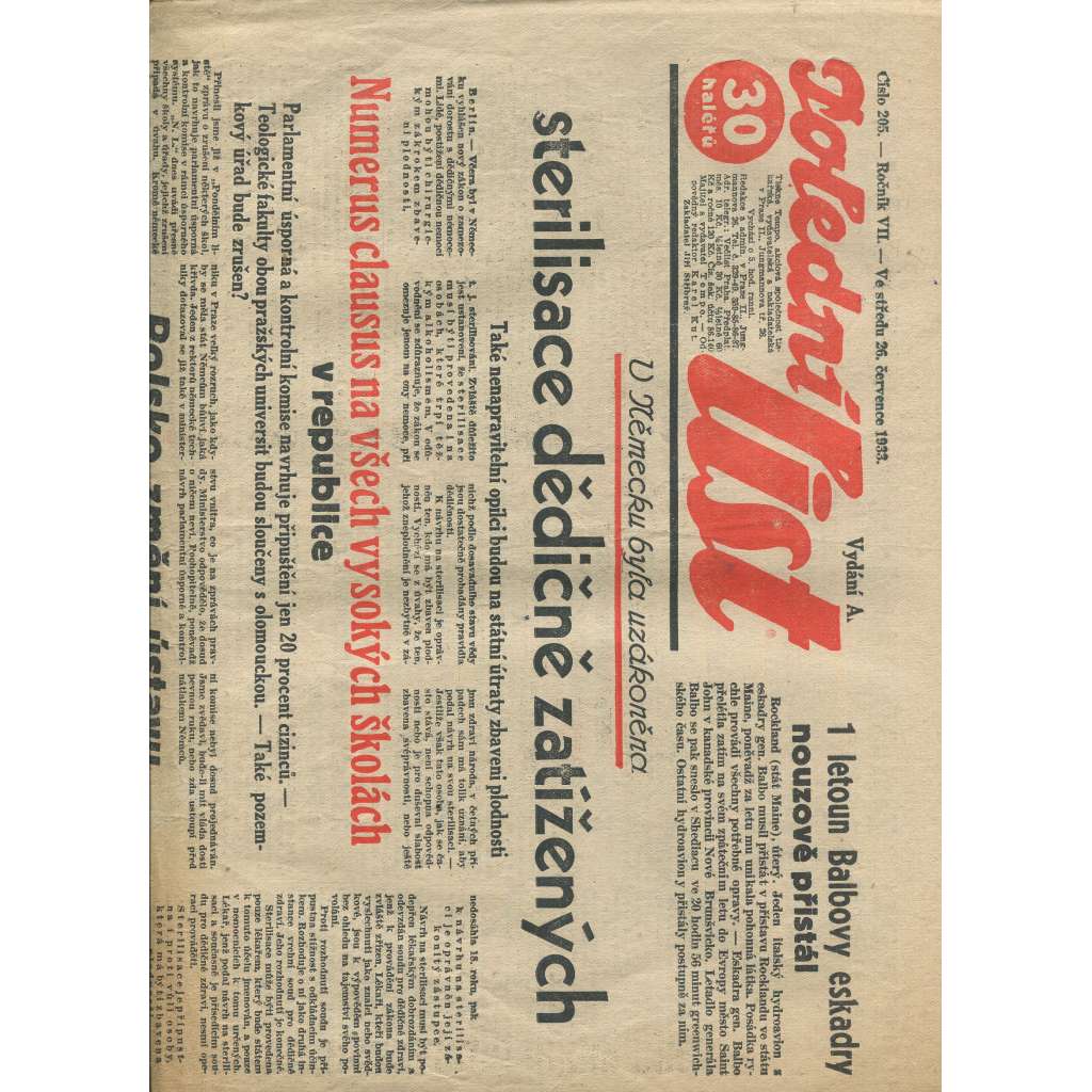 Polední list, ročník VII., číslo 205/1933 (1. republika, noviny)