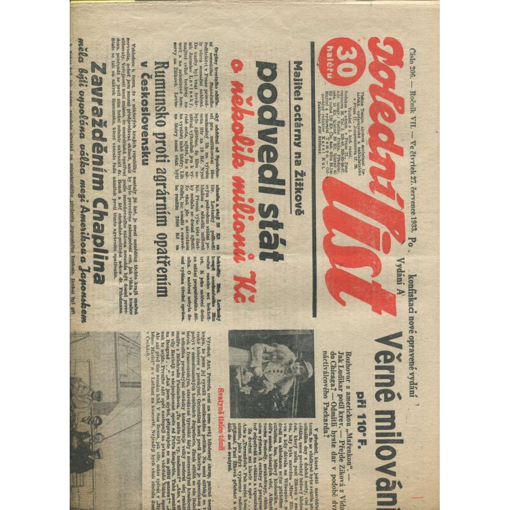 Polední list, ročník VII., číslo 206/1933 (1. republika, noviny)