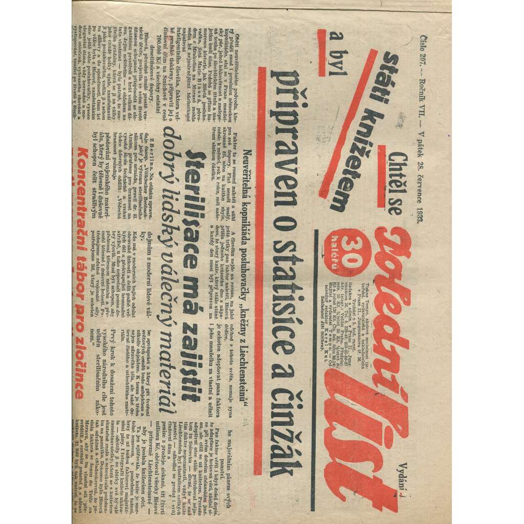 Polední list, ročník VII., číslo 207/1933 (1. republika, noviny)