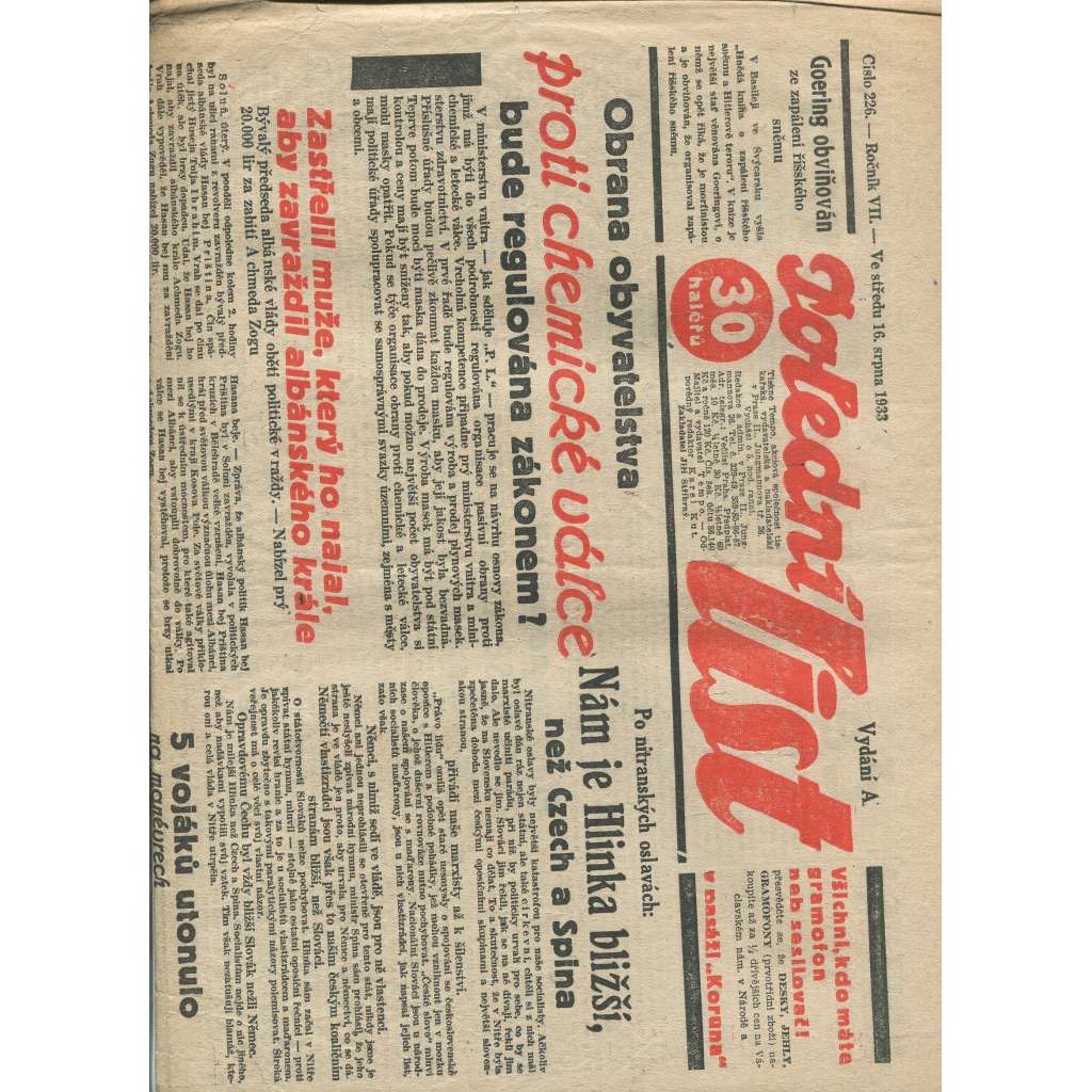 Polední list, ročník VII., číslo 226/1933 (1. republika, noviny)