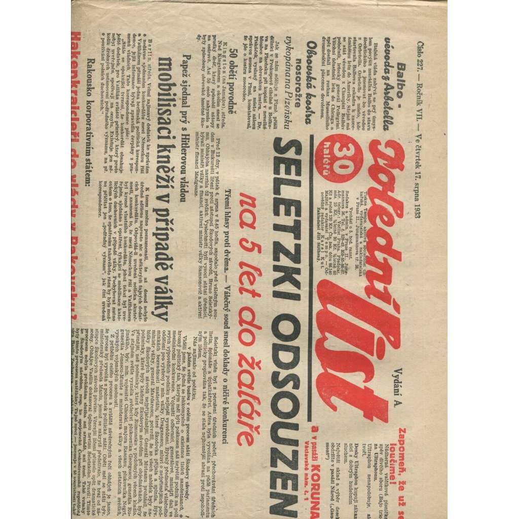 Polední list, ročník VII., číslo 227/1933 (1. republika, noviny)
