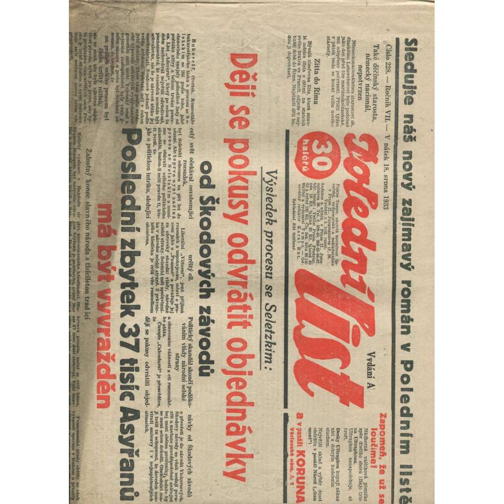 Polední list, ročník VII., číslo 228/1933 (1. republika, noviny)