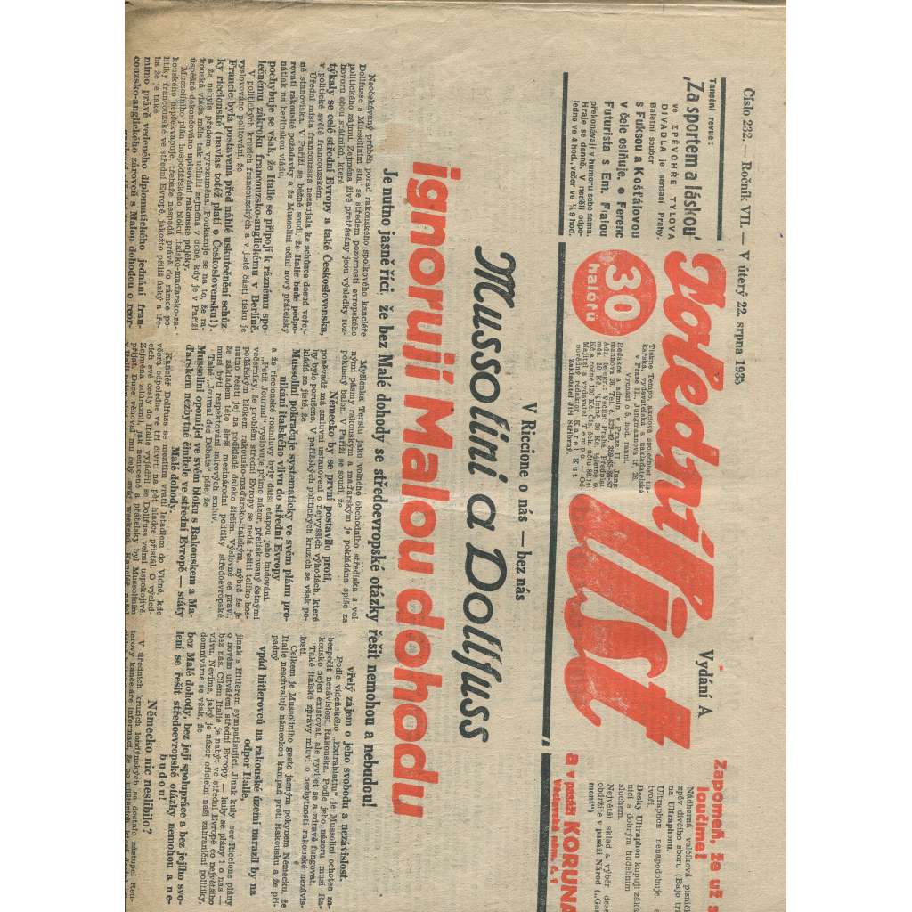 Polední list, ročník VII., číslo 232/1933 (1. republika, noviny)