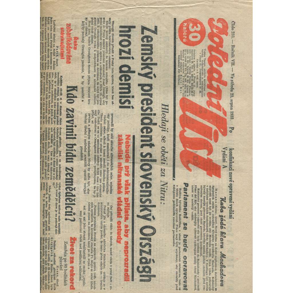 Polední list, ročník VII., číslo 233/1933 (1. republika, noviny)