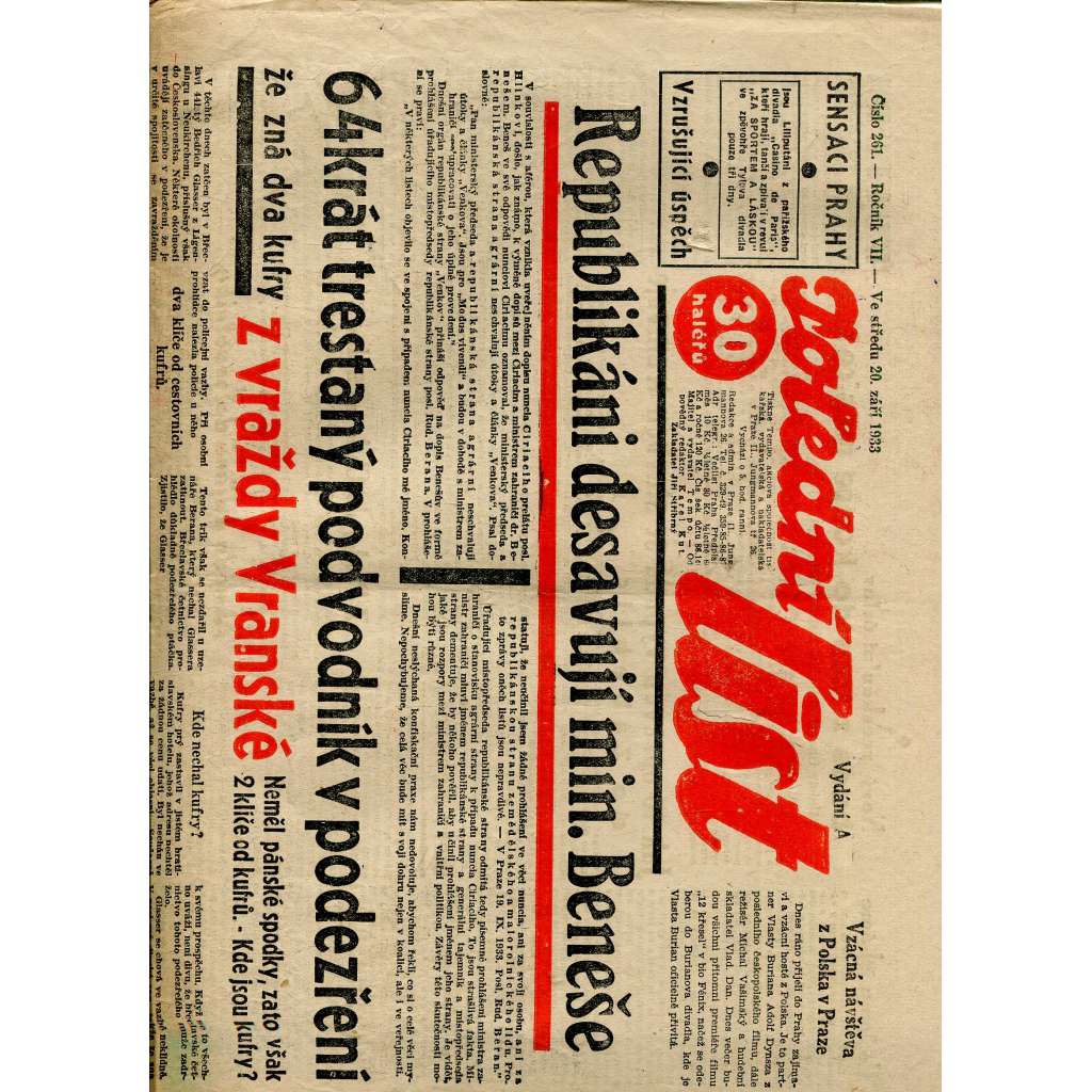 Polední list, ročník VII., číslo 261/1933 (1. republika, noviny)