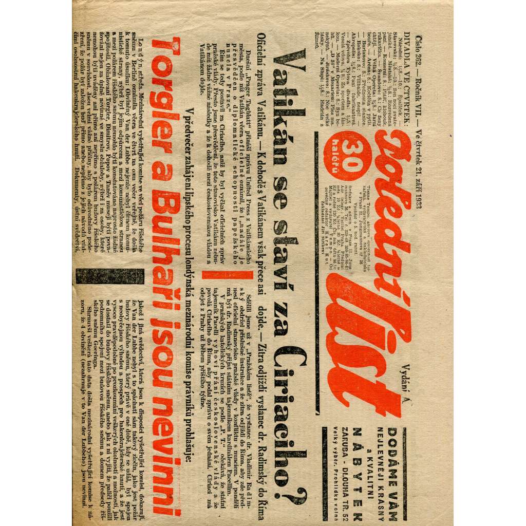 Polední list, ročník VII., číslo 262/1933 (1. republika, noviny)