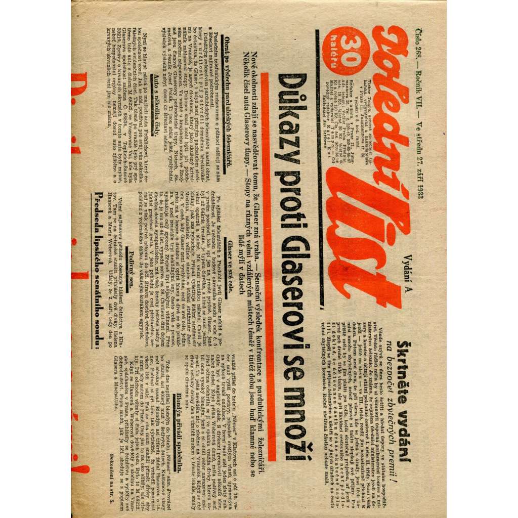 Polední list, ročník VII., číslo 268/1933 (1. republika, noviny)