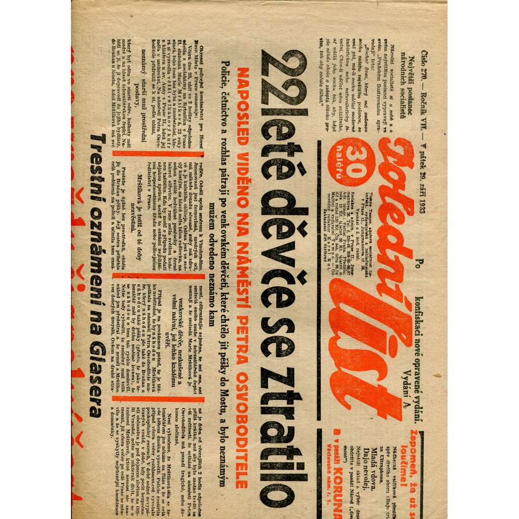 Polední list, ročník VII., číslo 270/1933 (1. republika, noviny)